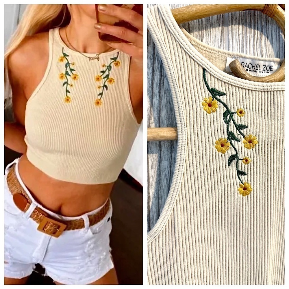 NEW! RACHEL ZOE FLORAL EMBROIDERED Stretch Crop Tank Womens XS Beige Neutral